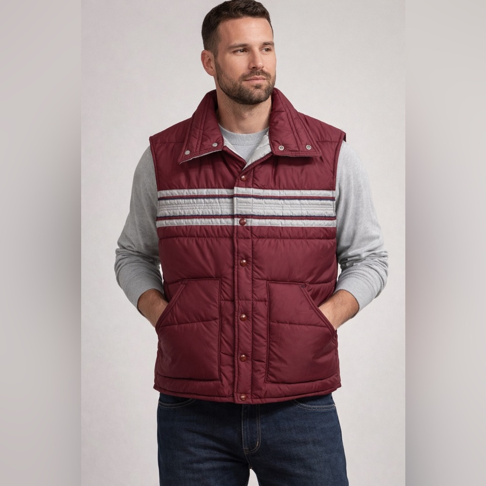 JCPenney Vintage 1970 Men's Maroon with Gray Stripe Quilted Vest Size Medium